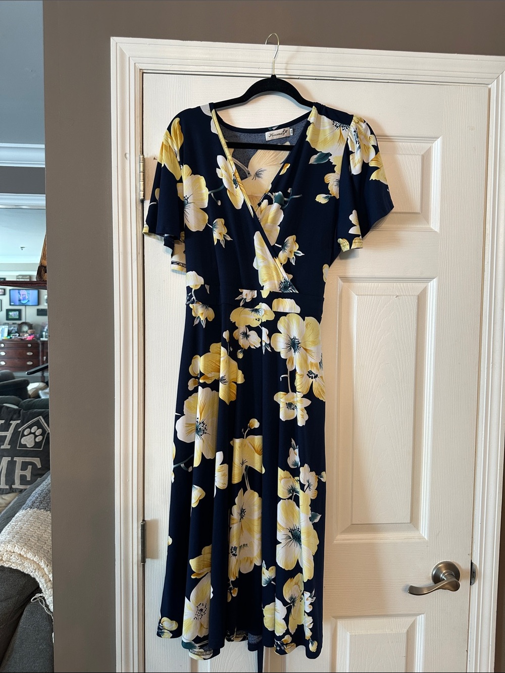 Floral Wrap Midi Dress in Navy and Yellow - Classic Feminine Silhouette